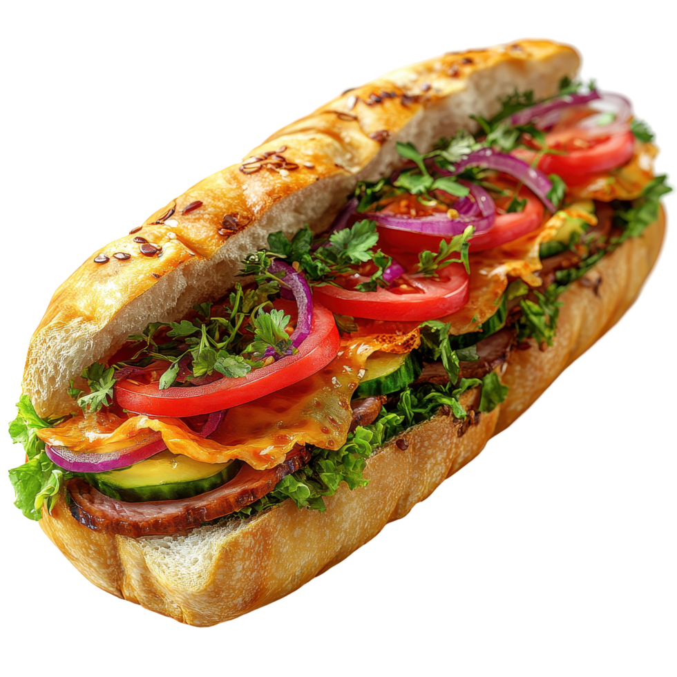Delicious sandwich filled with fresh vegetables and herbs on a crusty bread roll prepared in a vibrant kitchen setting isolated on transparent background. png