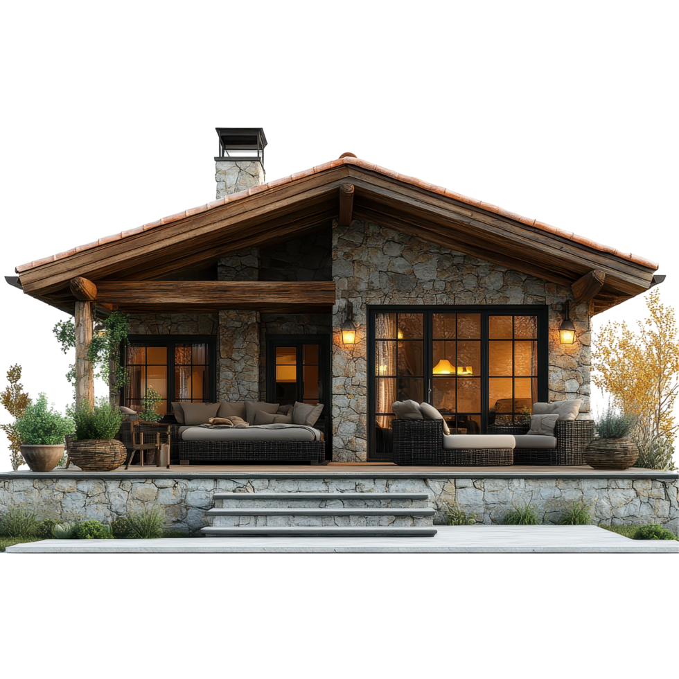 Cozy stone cottage with a welcoming porch illuminated at dusk surrounded by greenery in a serene setting isolated on transparent background. png