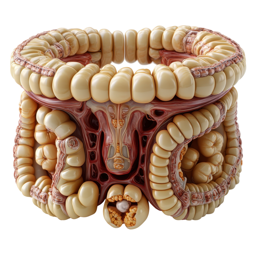 Detailed anatomical model of the human digestive system showing the small and large intestines isolated on transparent background. png