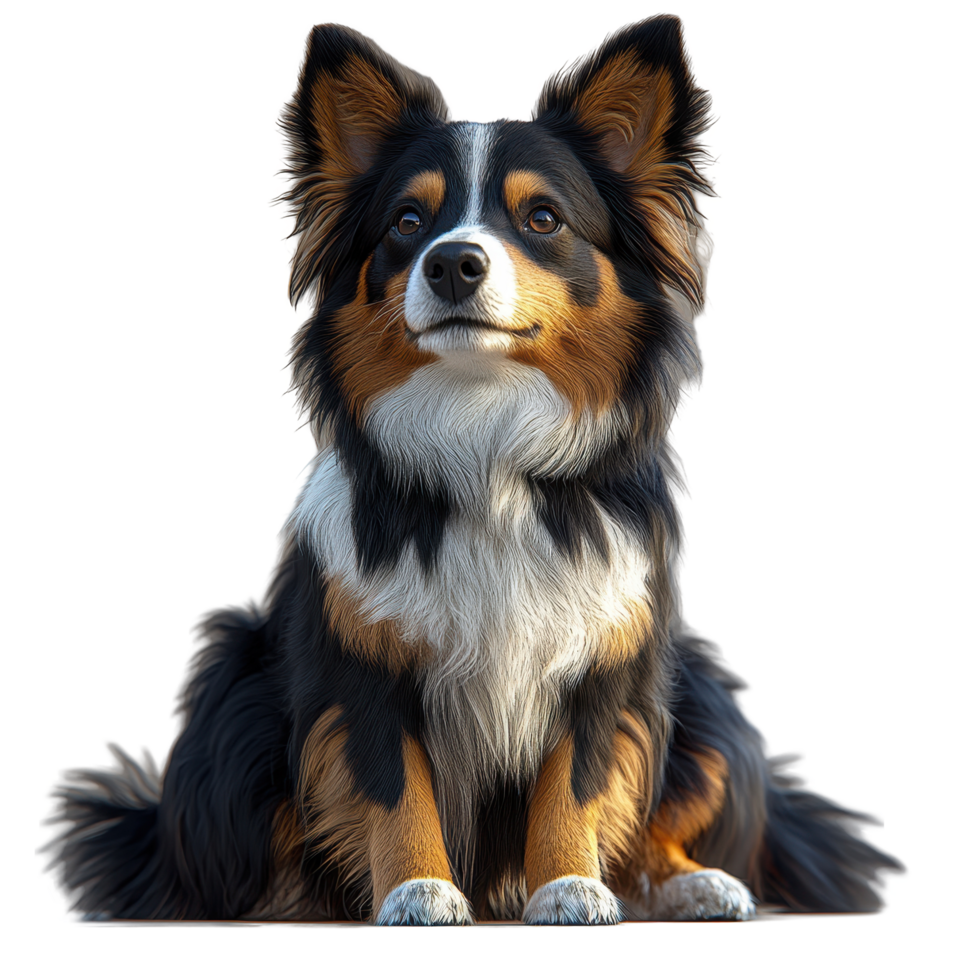 Black and brown fluffy dog sitting calmly with an attentive expression in a bright, neutral setting isolated on transparent background. png