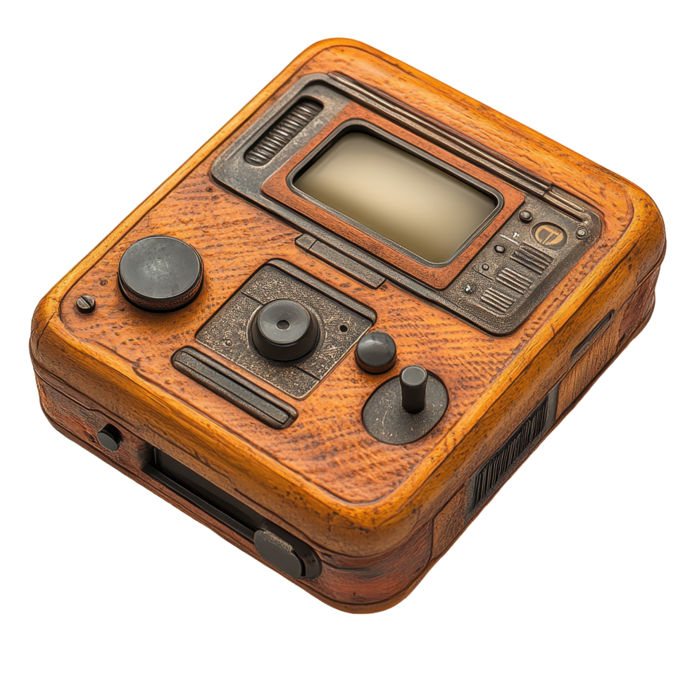 Vintage-style audio device with intricate details and textured wood finish on display for tech enthusiasts and collectors isolated on transparent background. png