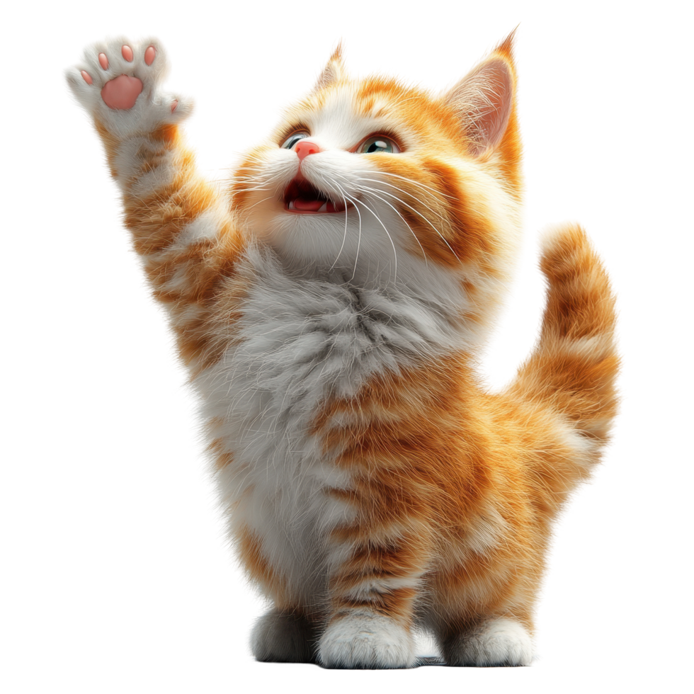 Cute orange kitten playfully waving its paw in a cheerful and bright setting isolated on transparent background. png