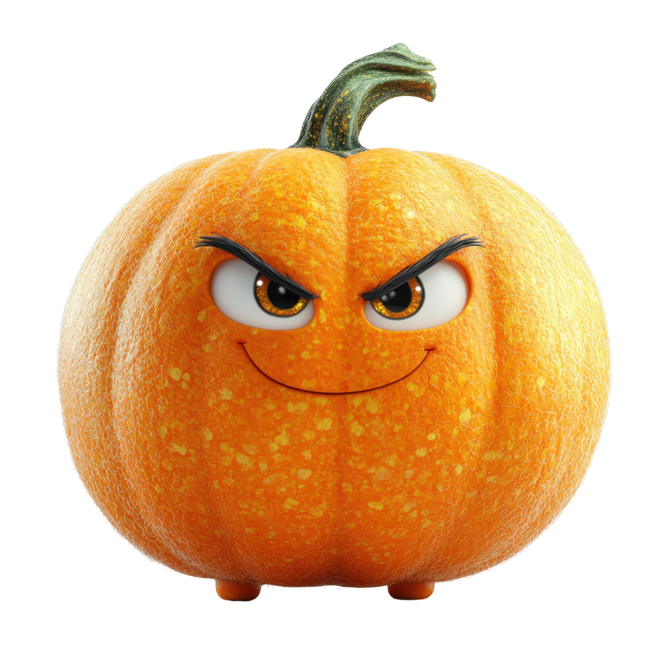 Creative orange pumpkin with expressive eyes and a mischievous smile, perfect for Halloween decoration and themed events isolated on transparent background. png