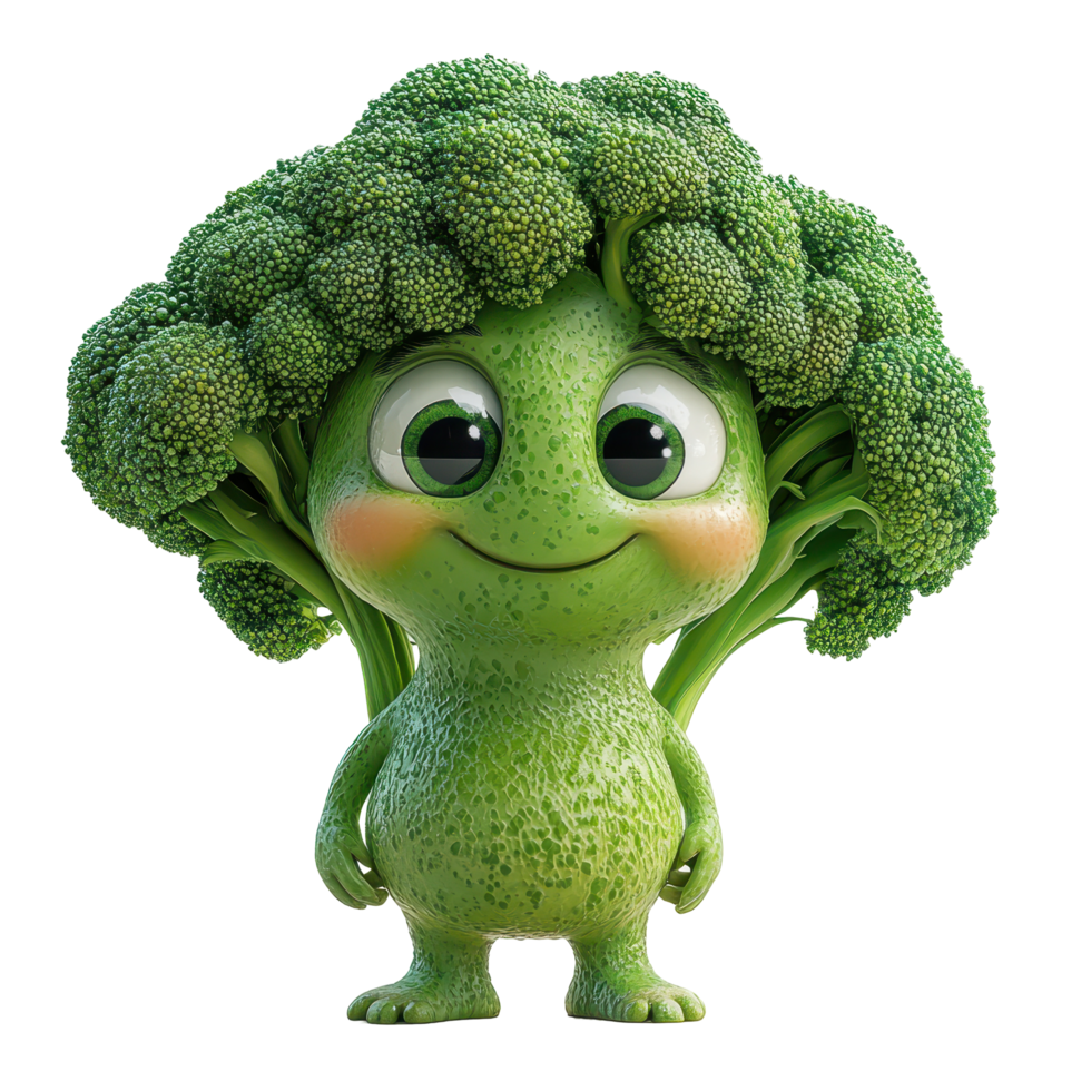 Cute cartoon broccoli character stands cheerfully with a joyful expression in a playful garden setting isolated on transparent background. png