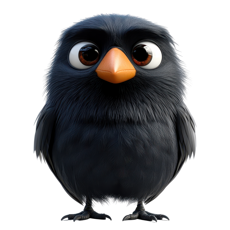 Cute black cartoon bird with large eyes and small beak standing in a neutral background isolated on transparent background. png