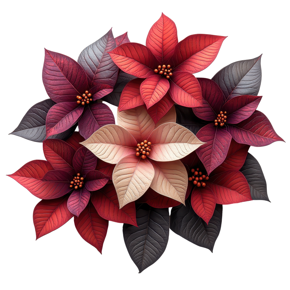 Vibrant assortment of poinsettia flowers arranged artistically in rich red and maroon colors isolated on transparent background. png