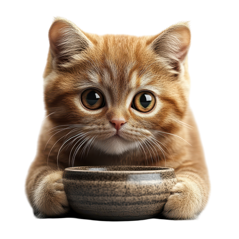 Cute orange tabby kitten curiously peeking at a small food bowl in a bright indoor setting during the afternoon isolated on transparent background. png