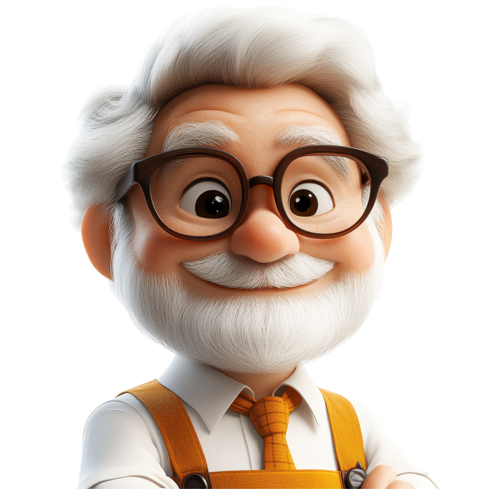 Friendly elderly man with glasses and white hair smiling warmly at the viewer in a cartoon style isolated on transparent background. png