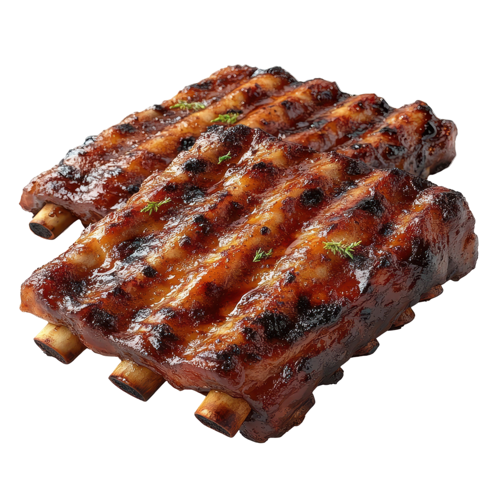 Deliciously grilled pork ribs served with a smoky glaze, perfect for summer barbecues and outdoor gatherings isolated on transparent background. png