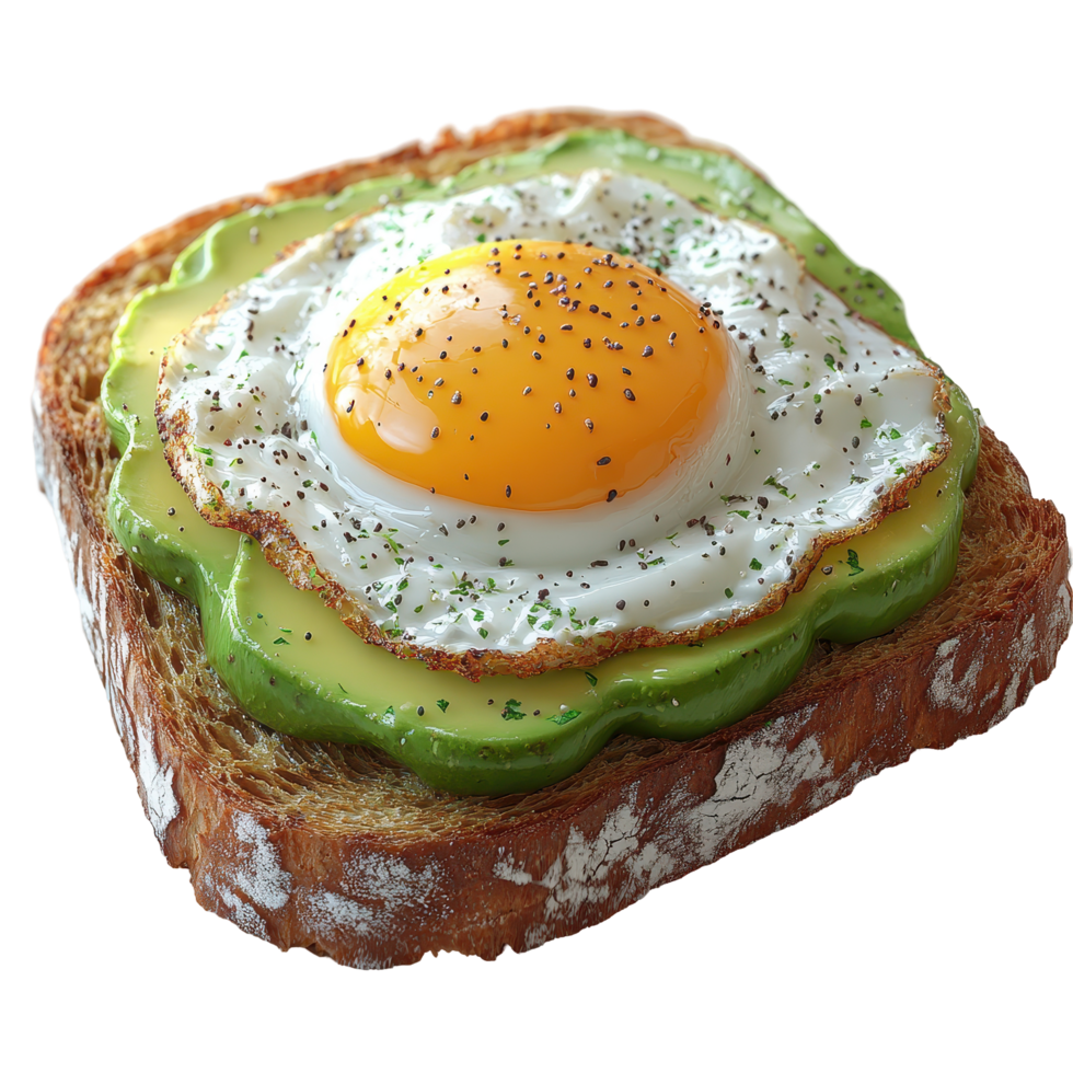 Delicious avocado toast topped with a perfectly fried egg and seasonings in a bright kitchen setting isolated on transparent background. png