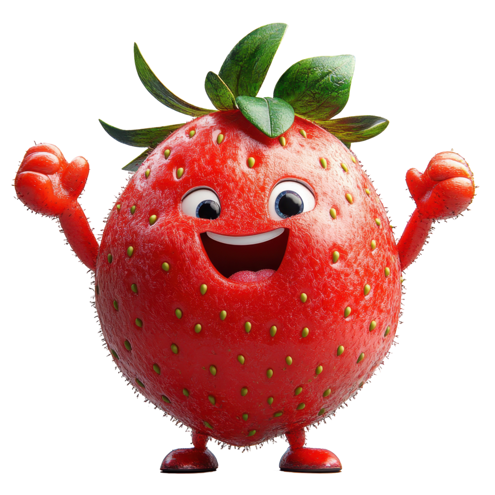 Cheerful cartoon strawberry character celebrates with arms raised in a joyful pose isolated on transparent background. png