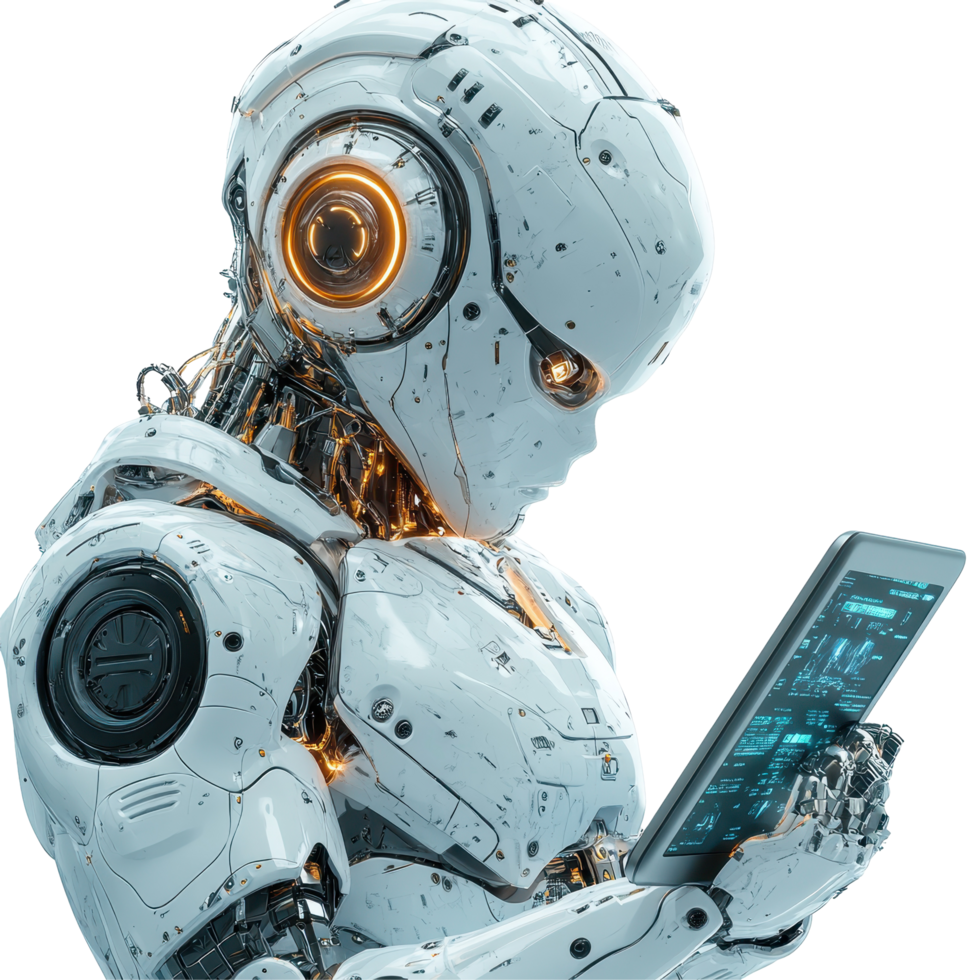 futuristico robot interagisce con un' tavoletta visualizzazione dati nel un' High Tech ambiente isolato su trasparente sfondo. png