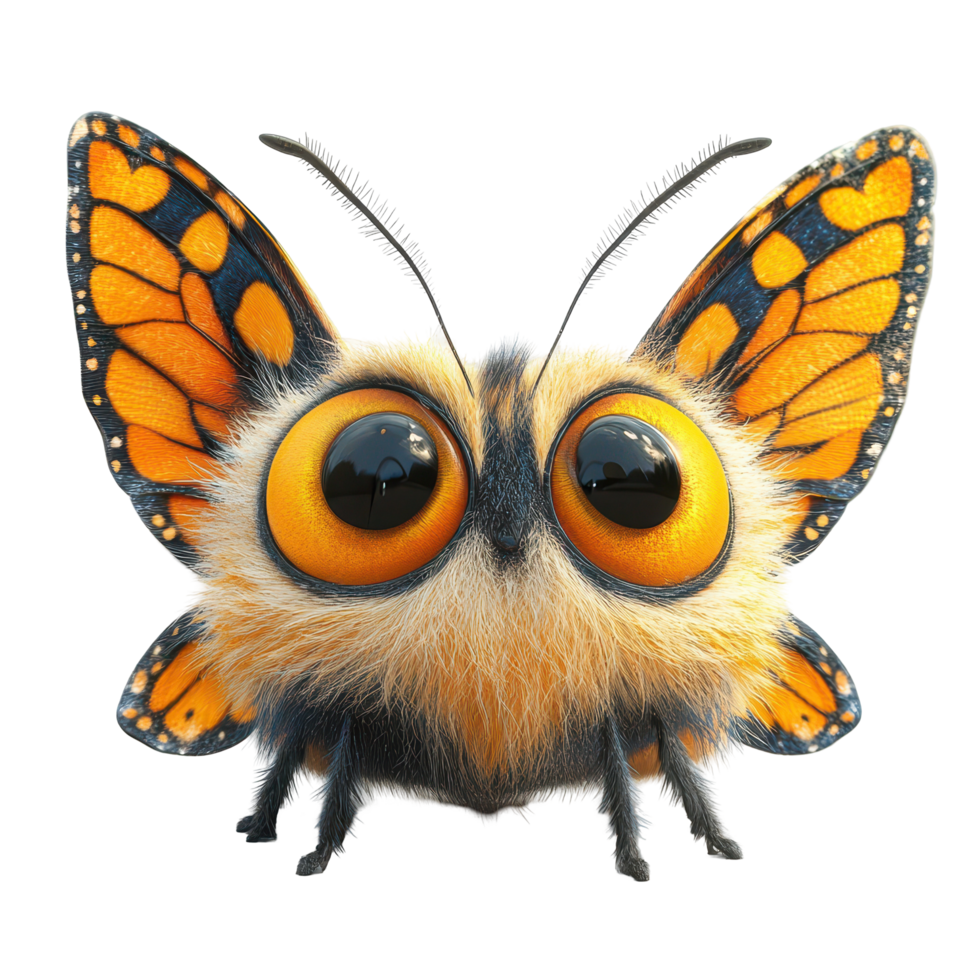 Unique furry insect with large eyes and vibrant orange wings showcases natural beauty in a bright setting isolated on transparent background. png