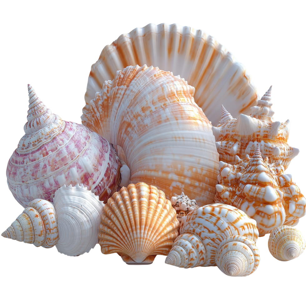 Collection of colorful seashells displayed on a white background in various shapes and sizes isolated on transparent background. png