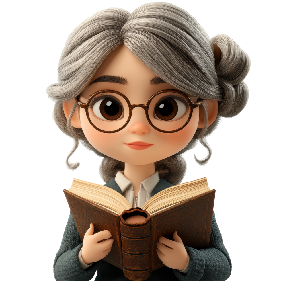 Elderly woman reading a book in a cozy setting with a thoughtful expression and playful hairstyle isolated on transparent background. png