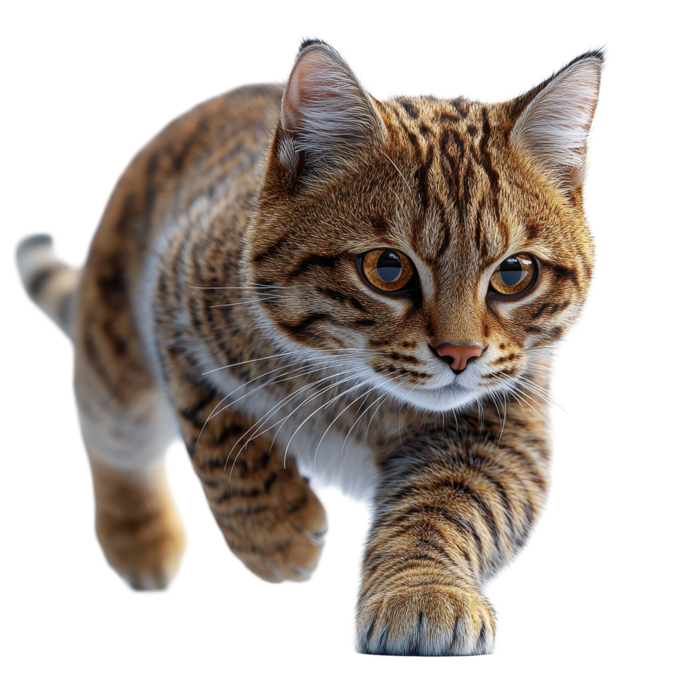 Dynamic brown tabby cat explores with curious eyes and a swift stride in a bright, natural setting isolated on transparent background. png