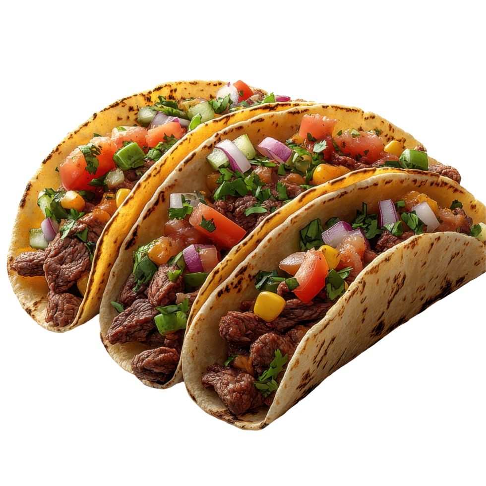 Delicious beef tacos filled with fresh vegetables served on warm corn tortillas isolated on transparent background. png