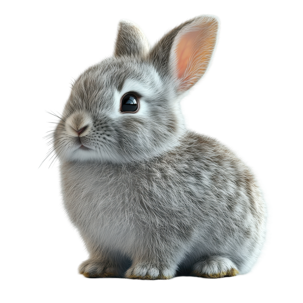 Gray rabbit sitting calmly with soft fur and bright eyes indoors in a cozy environment isolated on transparent background. png