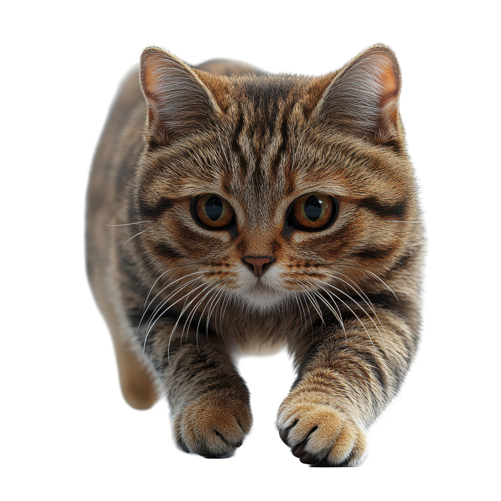 Cat approaching camera with curious expression in a bright indoor setting during daytime isolated on transparent background. png
