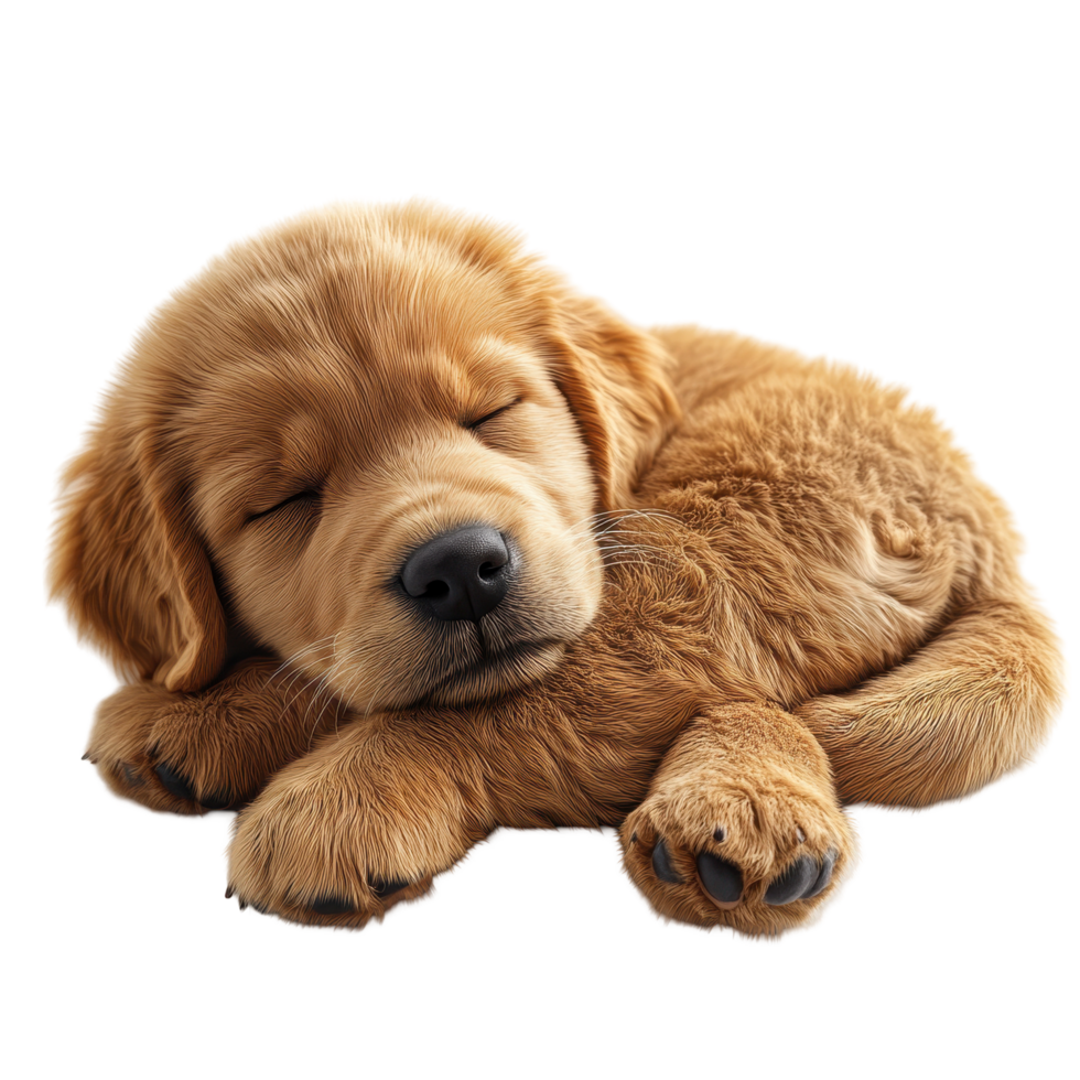 Cute golden retriever puppy sleeping peacefully on a soft surface at home during the day isolated on transparent background. png