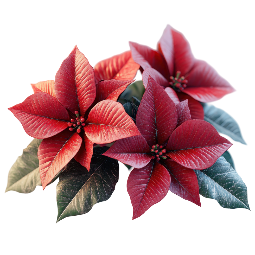 Bright red poinsettia flowers bloom with vibrant green leaves in a natural setting during the winter season isolated on transparent background. png
