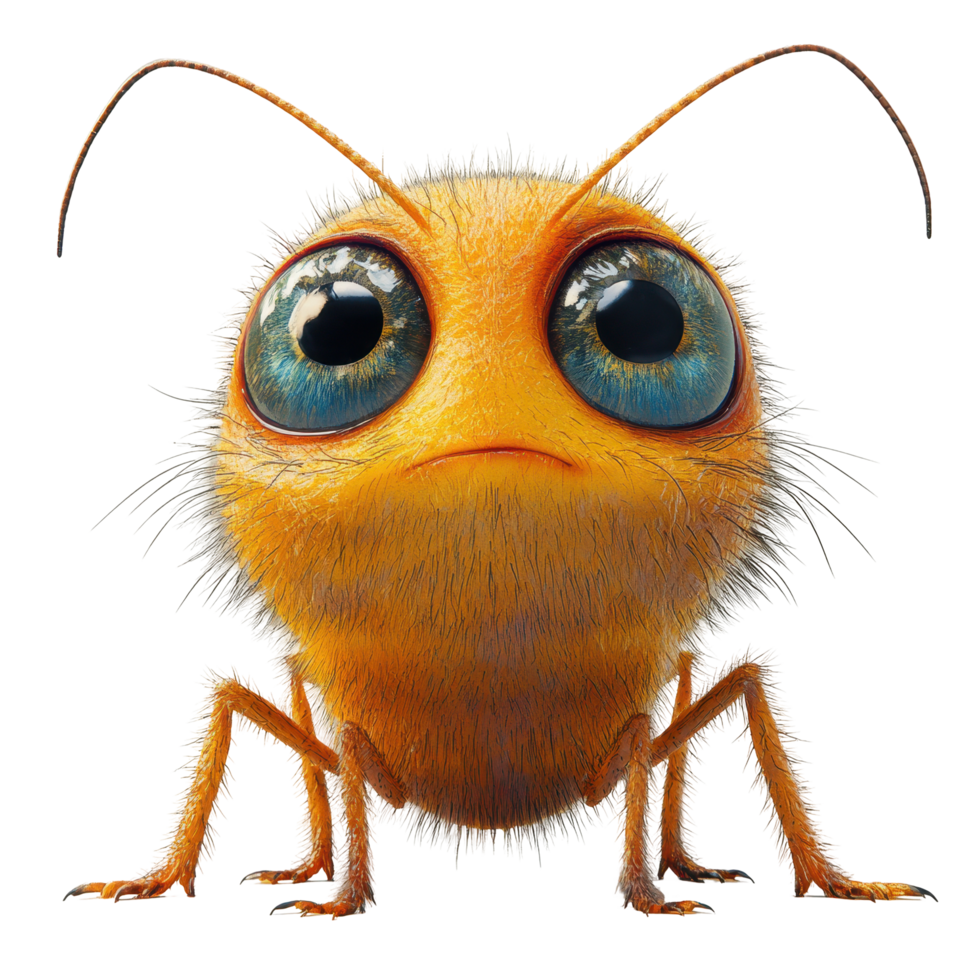Cute cartoon bee character with large expressive eyes and fuzzy texture in a whimsical style isolated on transparent background. png