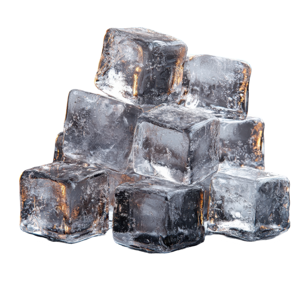 Clarity and coolness of freshly made ice cubes stacked against a white background isolated on transparent background. png