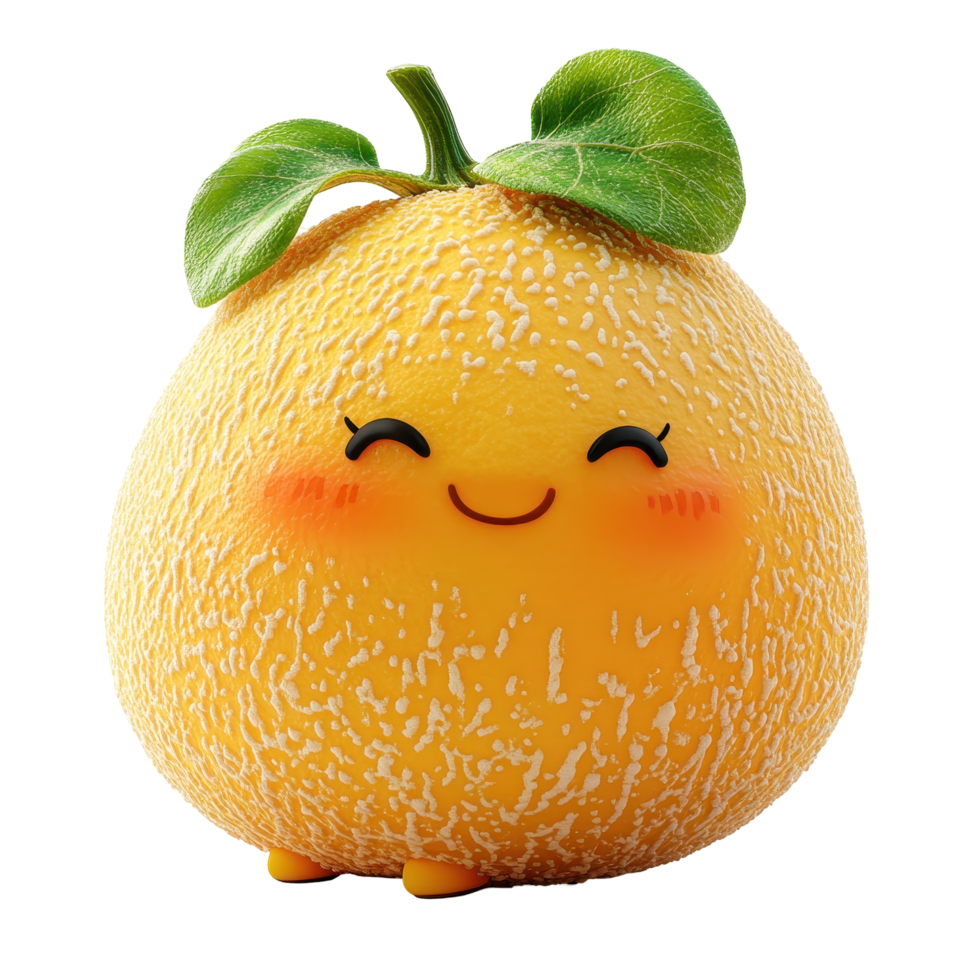 Happy cartoon melon character with smiling face and green leaf on top in a playful design isolated on transparent background. png