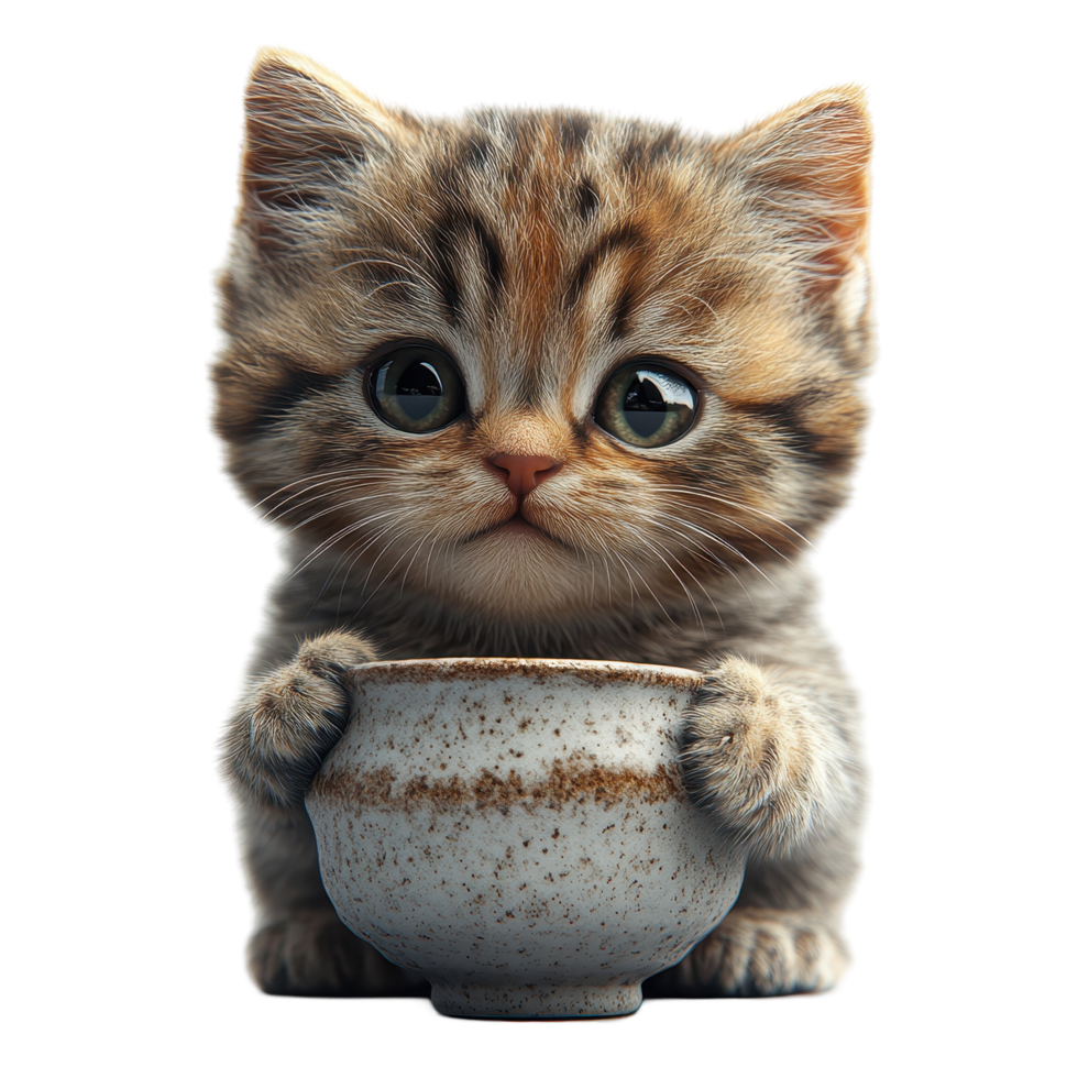 Cute kitten holding a small bowl, showcasing innocence and charm in a playful moment isolated on transparent background. png