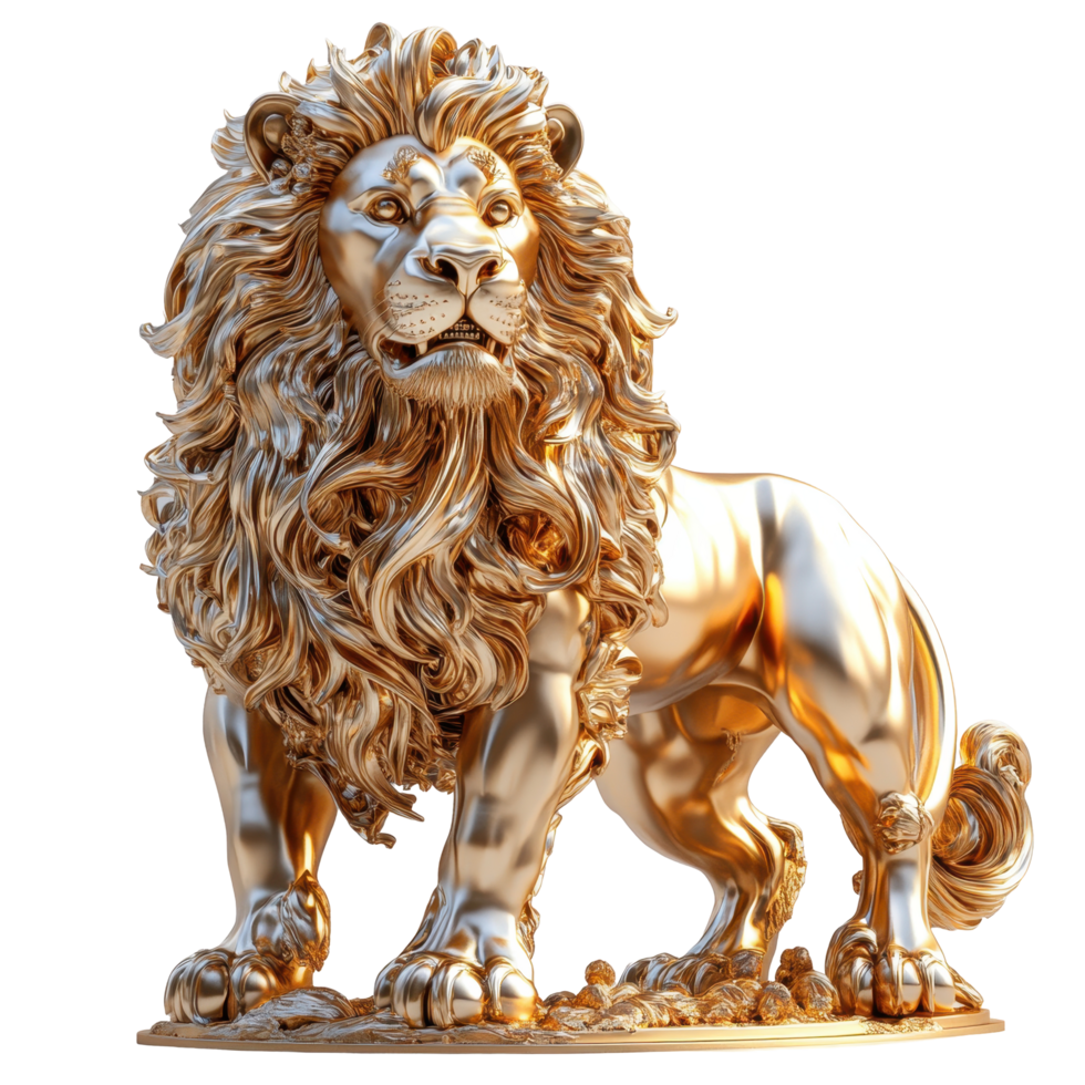 Sculpture of a majestic lion with intricate details in a shiny golden finish located in an art gallery isolated on transparent background. png