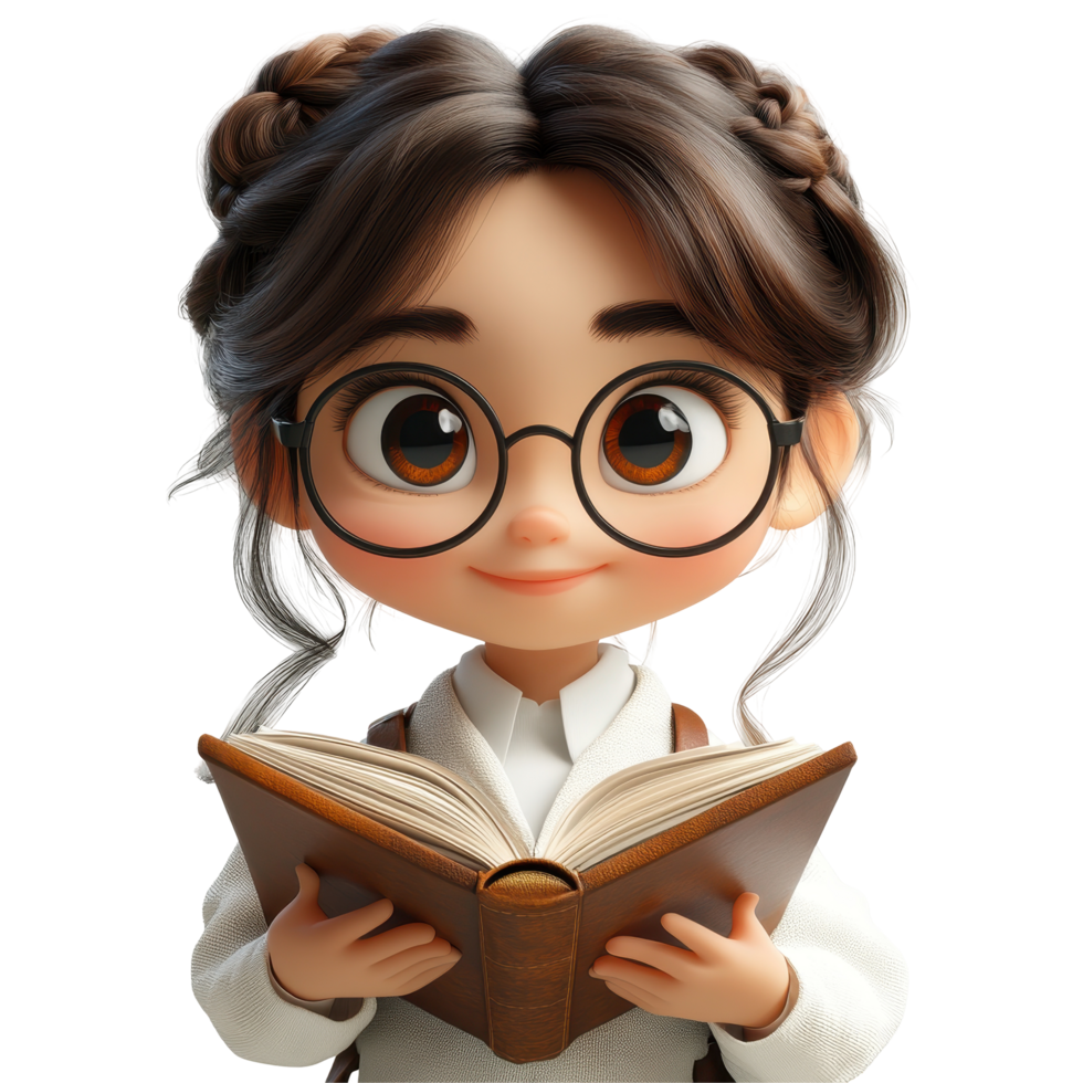 Young girl reading a book with glasses in a cozy indoor setting enjoying her favorite story with a cheerful expression isolated on transparent background. png