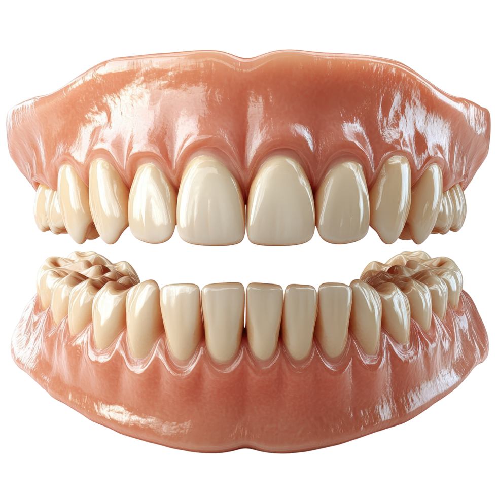 Detailed anatomical model of human teeth showcasing upper and lower jaws for educational purposes in dentistry isolated on transparent background. png