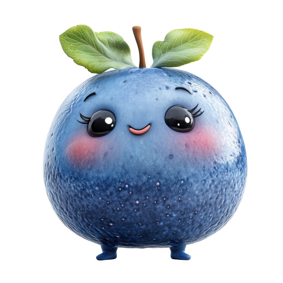 Cute cartoon blueberry character with a cheerful expression and green leaves on top, designed for children's themes isolated on transparent background. png