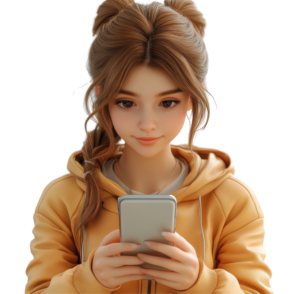 Young person using a smartphone while wearing a cozy yellow hoodie indoors, focused on screen activity isolated on transparent background. png