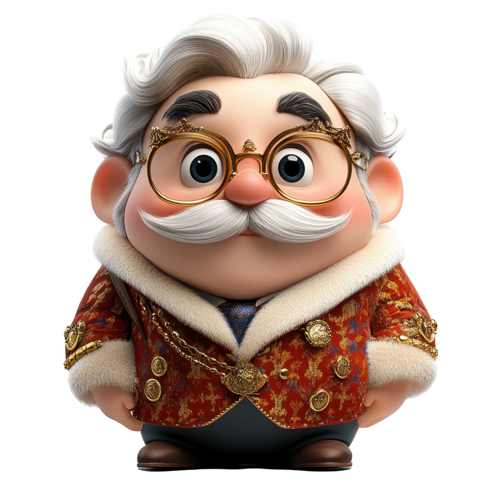 Unique animated character wearing a luxurious red coat and glasses in a playful design isolated on transparent background. png