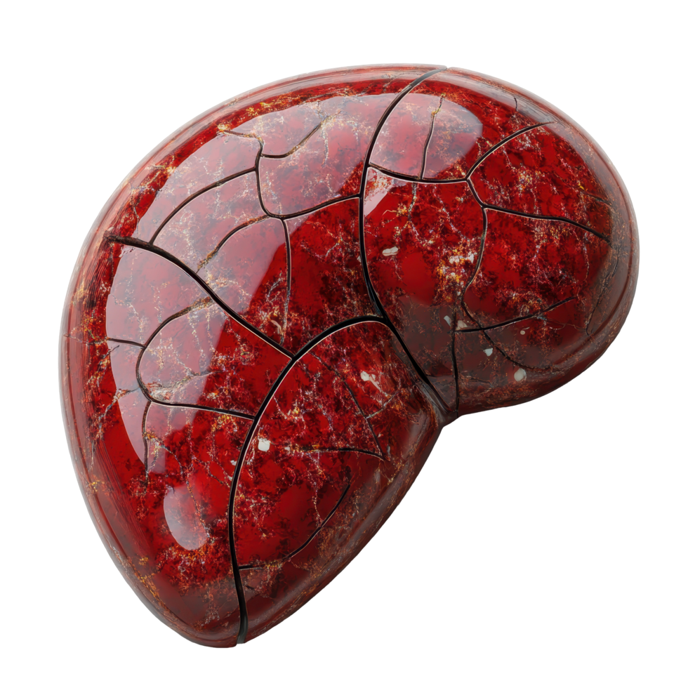 Intricate patterns on a polished red stone resembling a natural element shaped like a kidney from a mineral collection isolated on transparent background. png