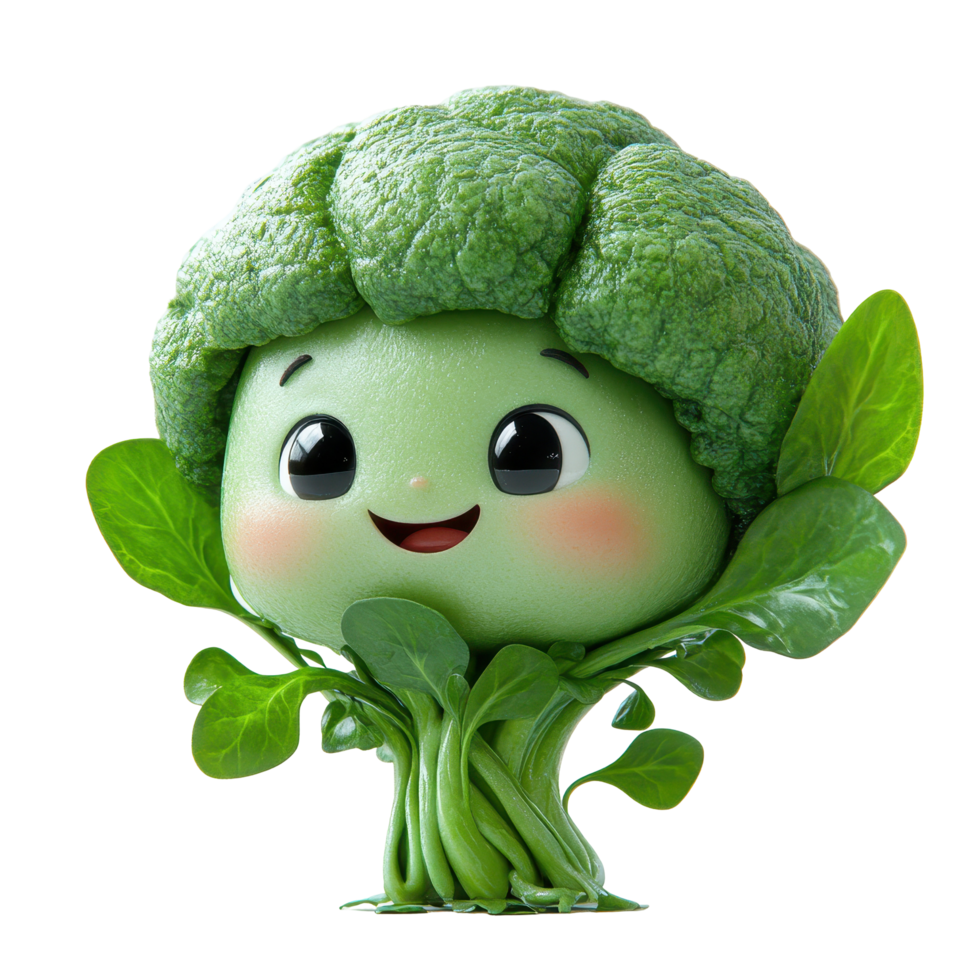 Cute cheerful vegetable character with broccoli and spinach features in a playful design isolated on transparent background. png
