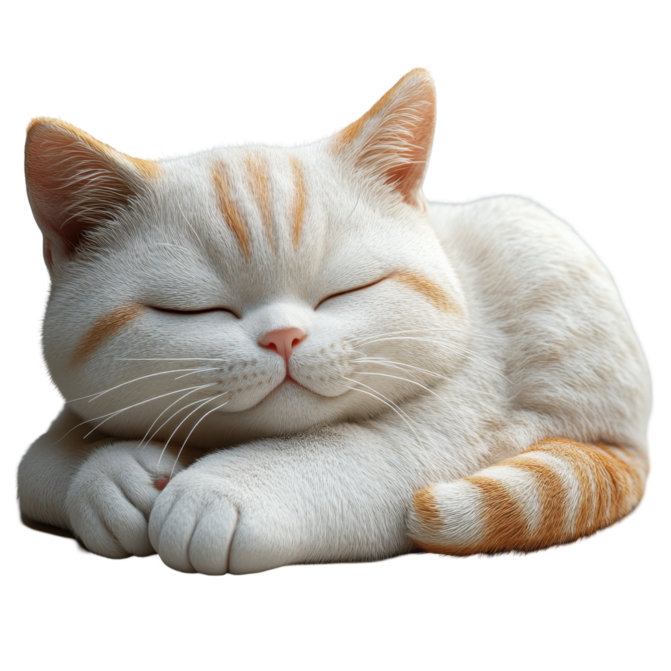 Sleeping white cat with orange stripes in a cozy position relaxing indoors isolated on transparent background. png