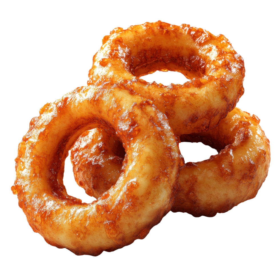 Crispy onion rings stacked on each other in a restaurant setting during lunchtime isolated on transparent background. png