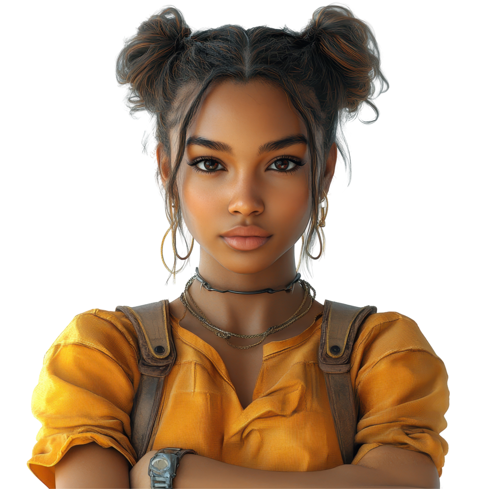 Confident young girl with styled hair wearing a yellow shirt and backpack poses with arms crossed in a bright setting isolated on transparent background. png