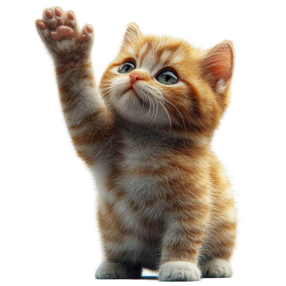 Cute orange kitten with raised paw reaching out in an adorable gesture indoors isolated on transparent background. png