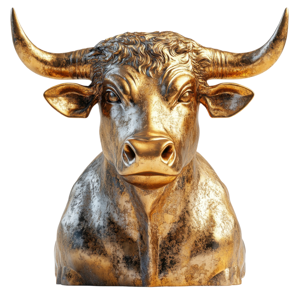 Golden bull sculpture showcasing intricate details and craftsmanship in a minimalist setting isolated on transparent background. png