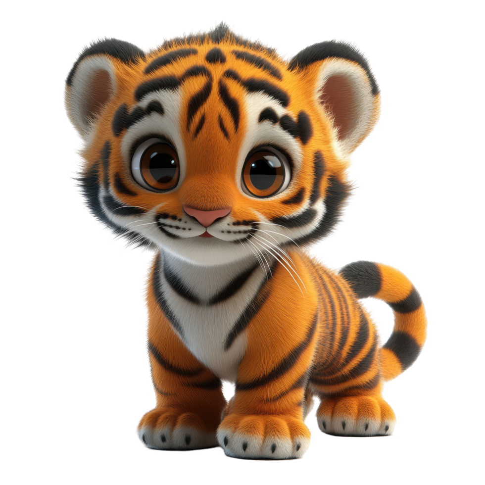 Cute cartoon tiger cub with large expressive eyes standing playfully on a white background isolated on transparent background. png