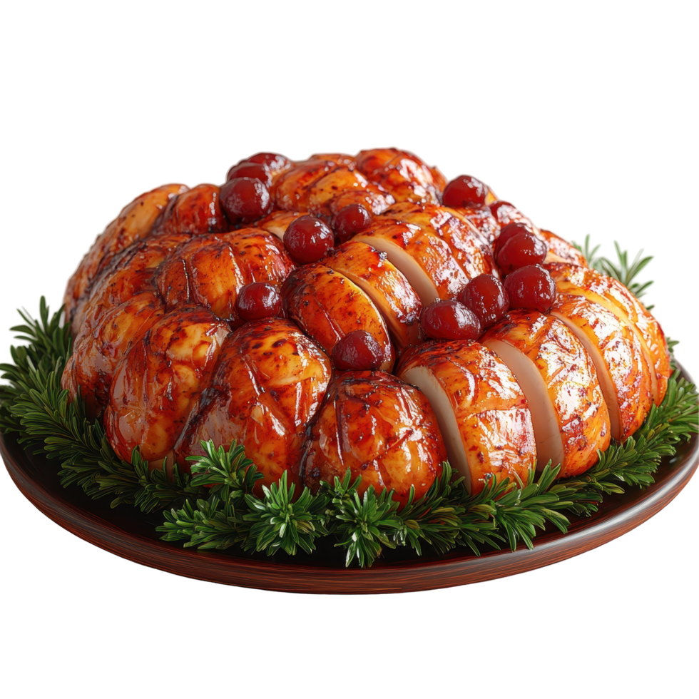 Glazed ham with cherries garnished on a wooden platter surrounded by fresh greens isolated on transparent background. png