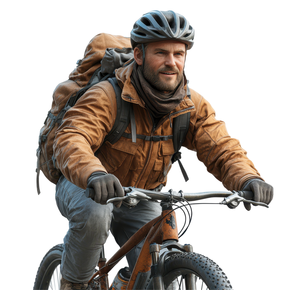 Cyclist navigating challenging terrain with a backpack during an outdoor adventure in a forested area isolated on transparent background. png