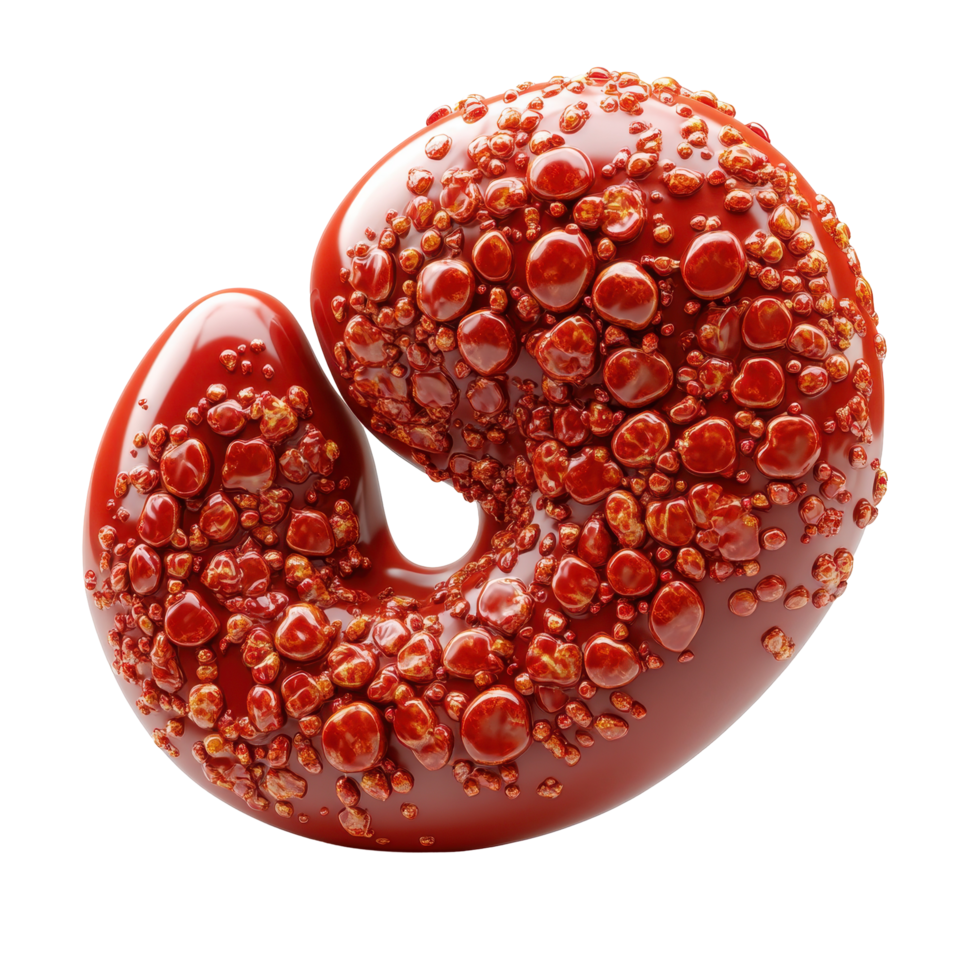 Unique abstract sculpture resembling a kidney bean covered in vibrant red texture with glossy bubbles isolated on transparent background. png
