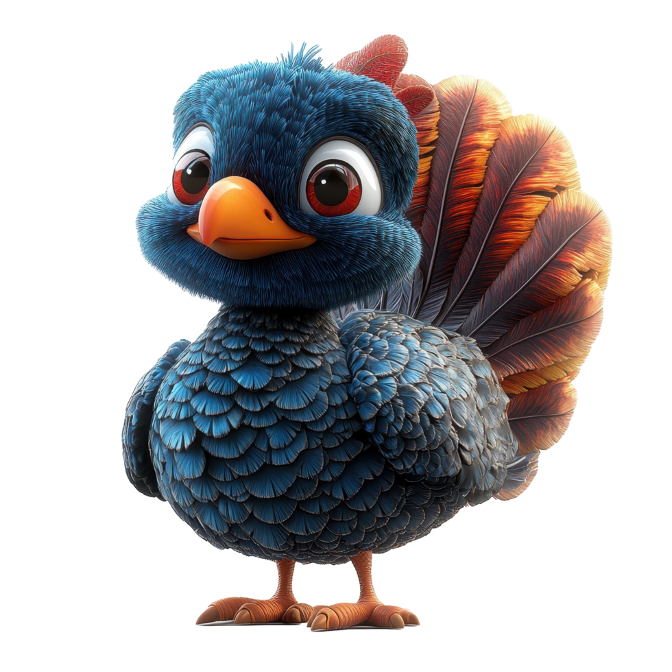 Colorful animated bird character with bright feathers and large eyes standing proudly isolated on transparent background. png