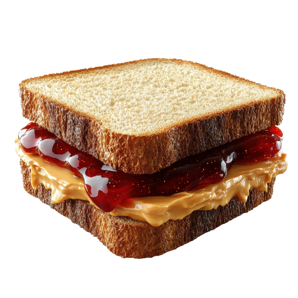 Classic peanut butter and jelly sandwich made with whole grain bread captured in bright lighting isolated on transparent background. png