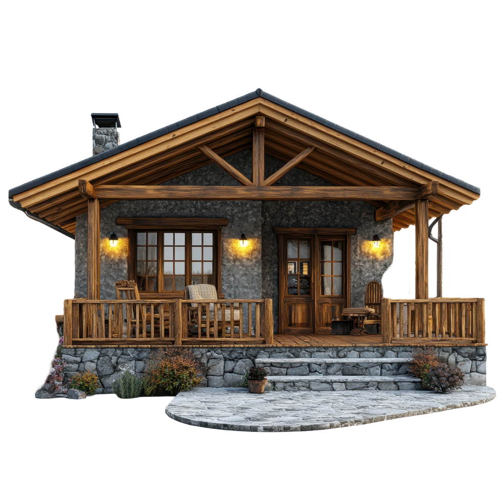 Cozy wooden cabin with stone accents and a welcoming porch perfect for relaxation in nature isolated on transparent background. png