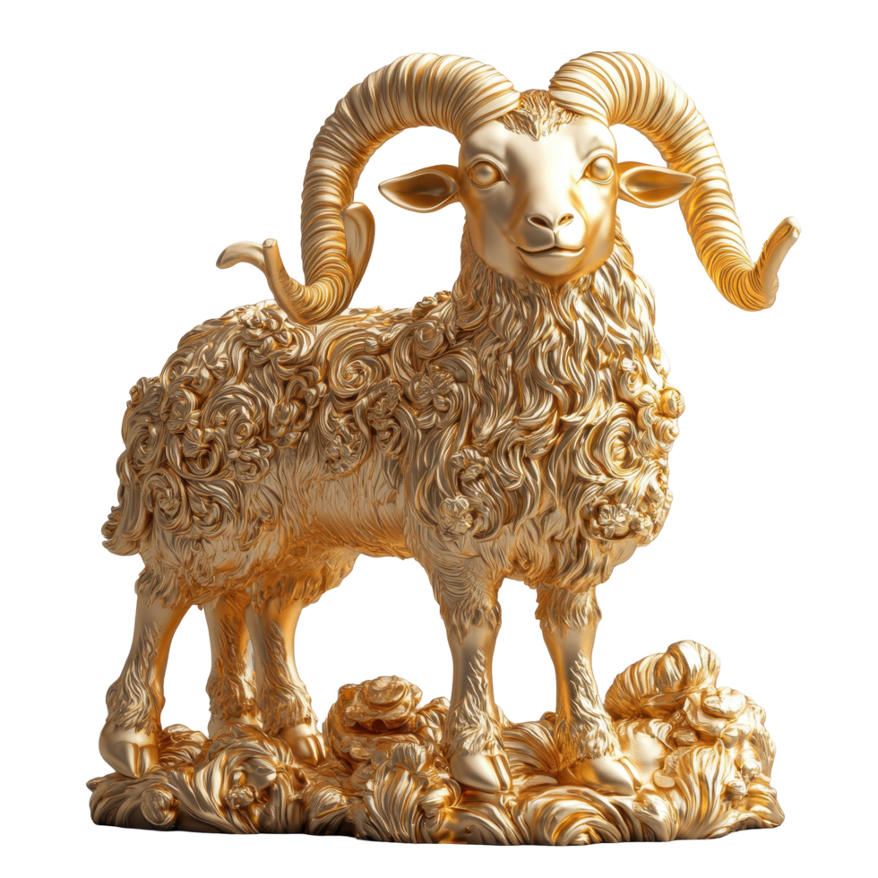 Golden ram sculpture with detailed fur and prominent horns displayed in a creative studio setting isolated on transparent background. png